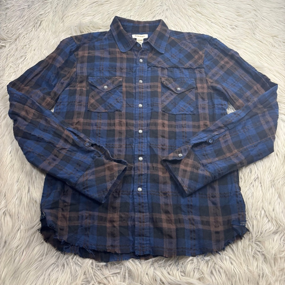 Diesel Men's M Textured Plaid Pearl Snap Front LS Shirt Blue Urban Alt Blokecore